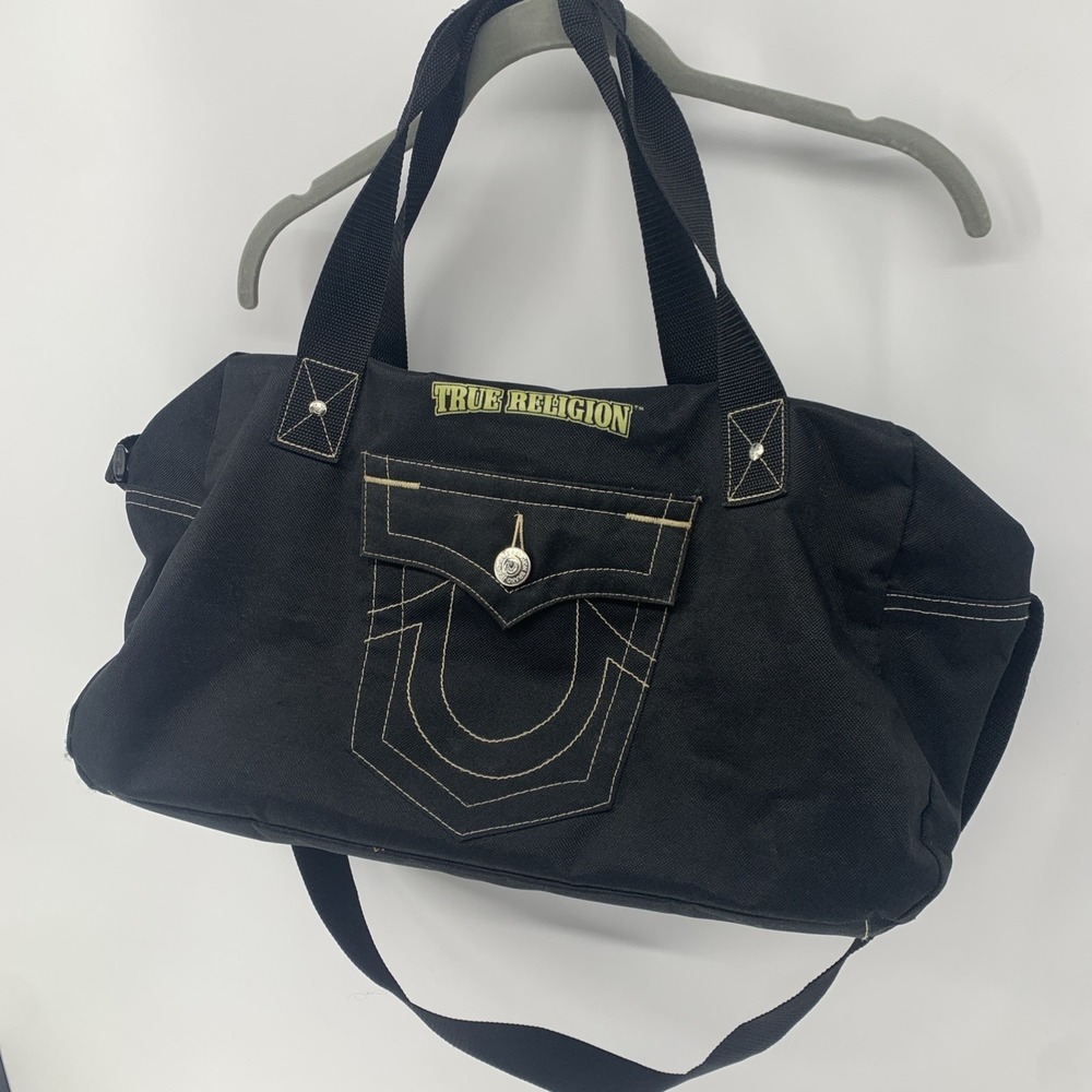 True Religion Black Duffle Bag with Zip Closure, Adjustable Strap, Side Pocket